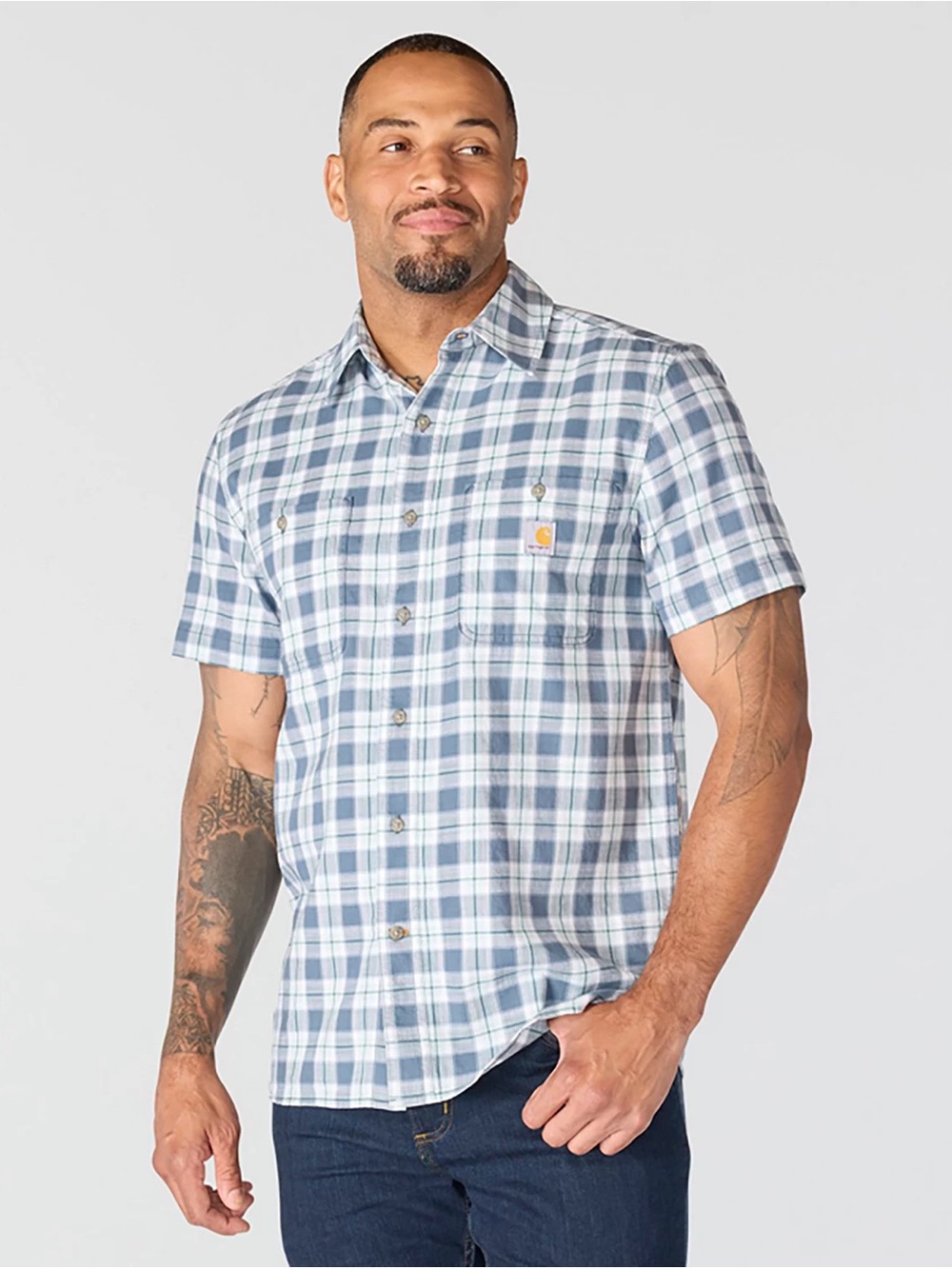 Carhartt Men’s Loose Fit Short-Sleeve Chambray Blue Plaid Button-Up Shirt Size M